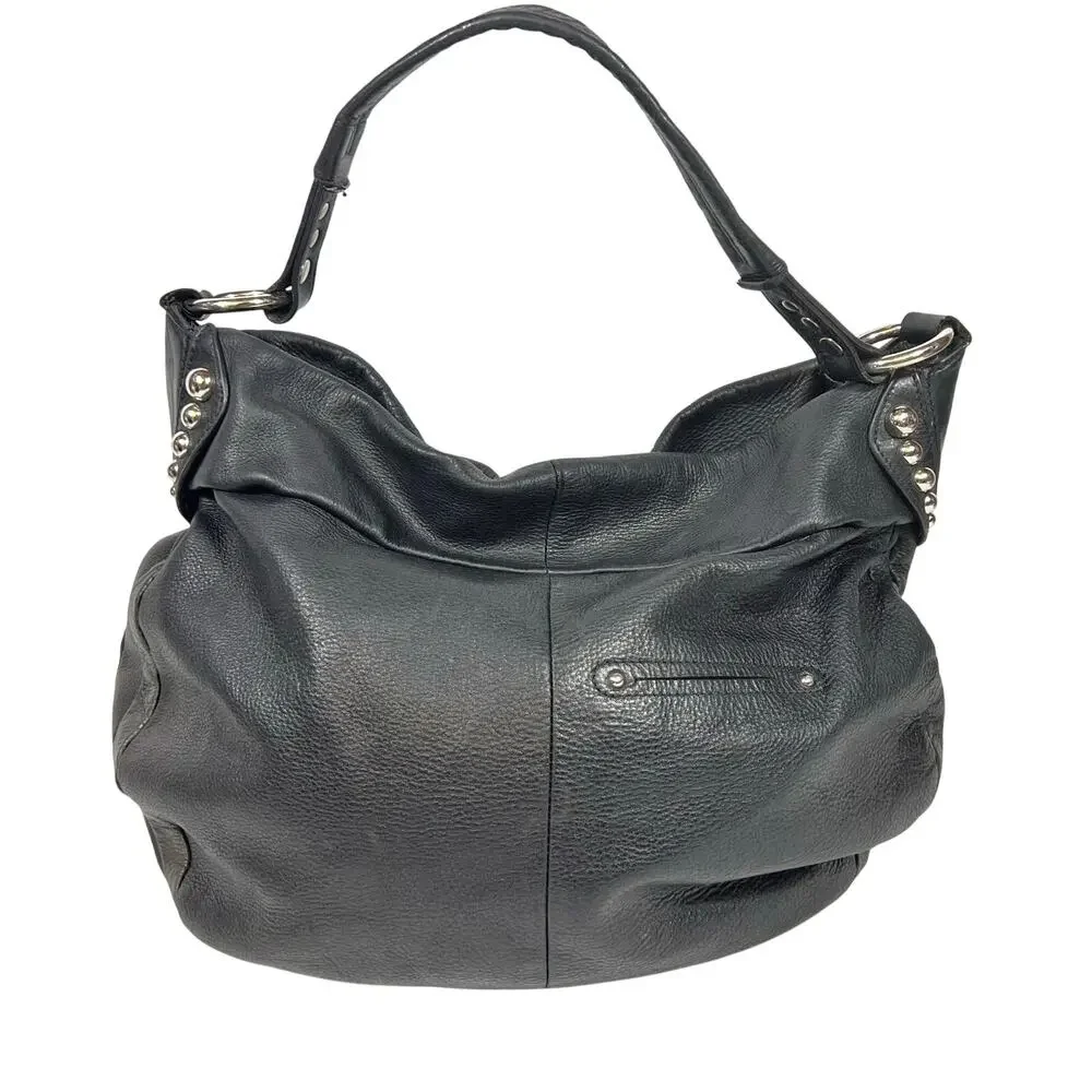B. Makowsky Hobo Bag Purse Black Pebbled Leather Silver Studded Leopard Lining - Picture 4 of 11